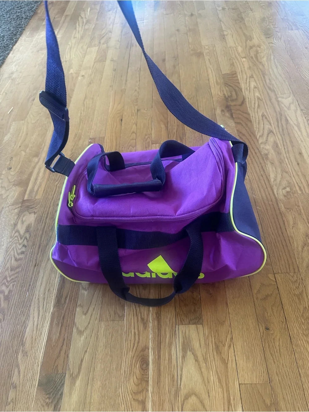 adidas Purple Duffel with Neon Yellow Logo and Trim